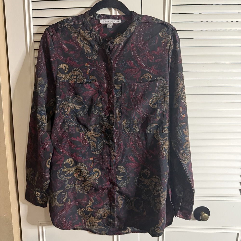 Womens Larry Levine Boho Paisley Long Sleeve Top Maroon Gold Size Medium